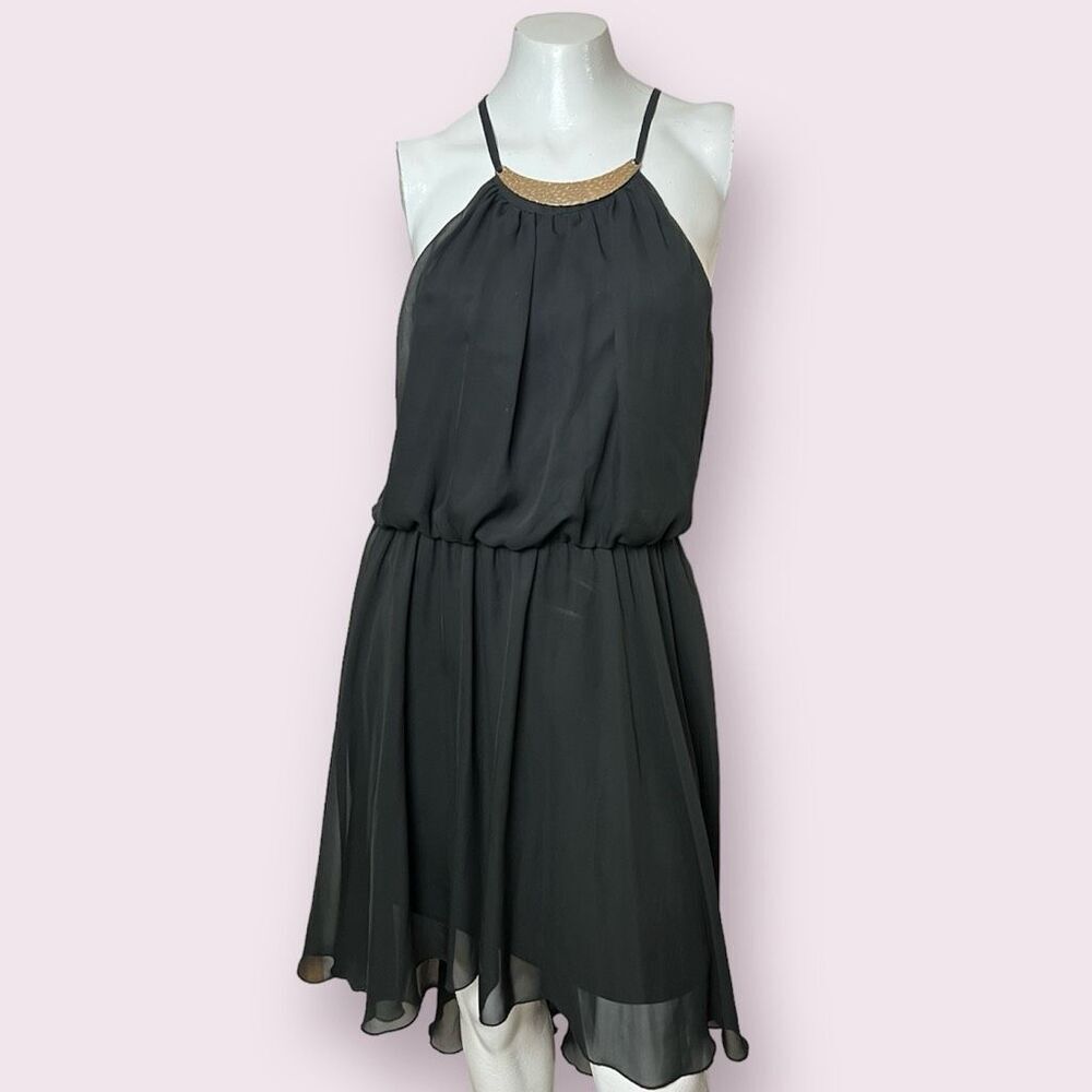 Lily Rose Black Flowly High Low Defined Waist Dress with Metal Lic Collar and Ha